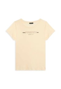Camiseta de manga corta beige con cuello redondo y el texto "FREDDY MOOD UP" impreso en puntos plateados en el centro frontal.