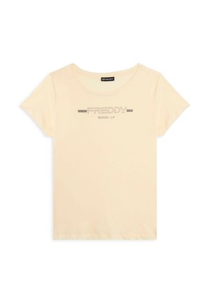 T-shirt beige a maniche corte con scollatura rotonda e testo "FREDDY MOOD UP" stampato in pallini argentati al centro anteriore.