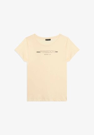 T-shirt beige a maniche corte con scollatura rotonda e testo "FREDDY MOOD UP" stampato in pallini argentati al centro anteriore.