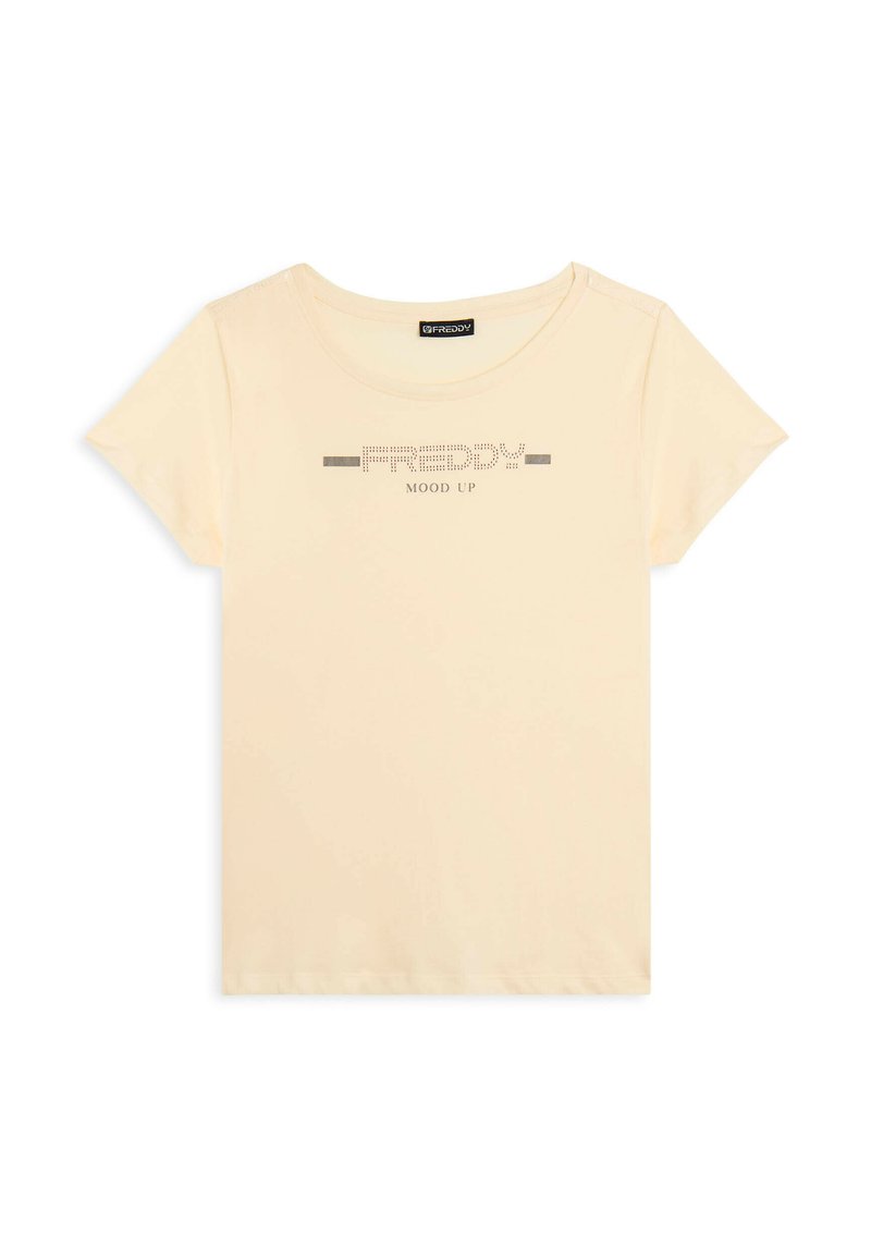 Camiseta de manga corta beige con cuello redondo y el texto "FREDDY MOOD UP" impreso en puntos plateados en el centro frontal.