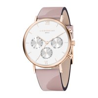 Runde analoge Uhr mit einem weißen Ziffernblatt, drei Nebenanzeigen, Gehäuse aus Roségold und einem glänzenden, hellpinkfarbenen Lederarmband. Auffällige silberne Akzente.