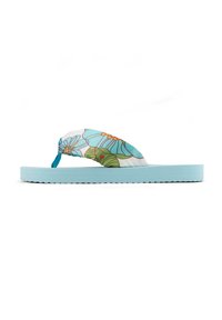 Flip-flop sandal with a light blue rubber sole. The strap features a floral pattern in blue, orange, and green on a white background.