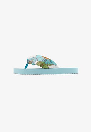 Flip-flop sandal with a light blue rubber sole. The strap features a floral pattern in blue, orange, and green on a white background.