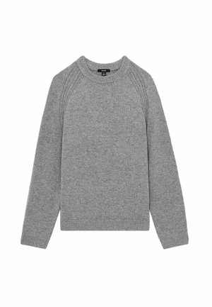 Grå crewneck sweater lavet af blødt strikmateriale, med ribbede manchetter og bund, raglanærmer og en glat tekstur.