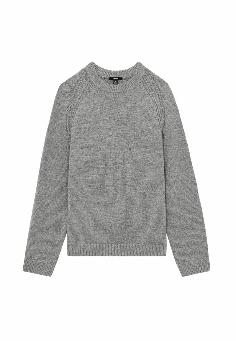 Grå sweatshirt med rund hals i mjukt stickat material, med ribbade manschetter och nederkant, raglanärmar och en slät yta.