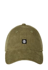 Grüne Cord-Baseballmütze mit abgerundetem Schild, strukturiertem Stoff und einem kleinen schwarzen Logopatch vorne.