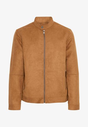 Brązowa kurtka z sztucznego zamszu z kołnierzem mandaryńskim, zamek błyskawiczny z przodu i kieszeniami bocznymi. Charakteryzuje się gładką teksturą i dopasowanym krojem.