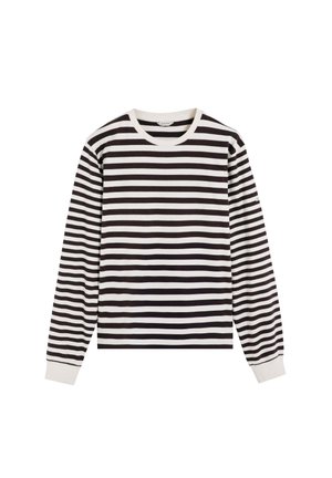 Camiseta de manga larga a rayas en blanco y negro, con cuello redondo, puños acanalados y textura de tela suave. Corte casual con dobladillo recto.