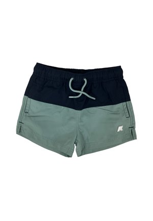 Pantaloni da bagno da uomo con design a blocchi di colore in blu scuro e verde chiaro, dotati di una vita elastica e un cordoncino. Include tasche laterali.
