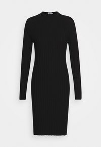 Robe noire en maille côtelée avec manches longues et col montant. Coupe ajustée, longueur mi-cuisse, avec une surface texturée.