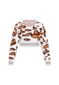 Korte trui in het wit met een bruin abstract patroon. Voorzien van lichtblauwe en oranje gestreepte ribbelmanchetten en halslijn. Zachte gebreide textuur.