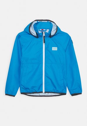 Blue hooded jacket with front white zipper, side pockets, and black trim on cuffs and hem, displayed on a white background.