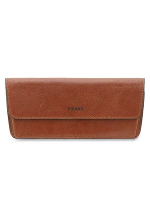Brown leather wallet with a sleek design, featuring a flap closure and subtle branding "PICARD" embossed on the front.