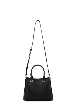 Borsa a tracolla in pelle nera con forma strutturata, doppi manici superiori e tracolla removibile. Dettagli in metallo dorato.