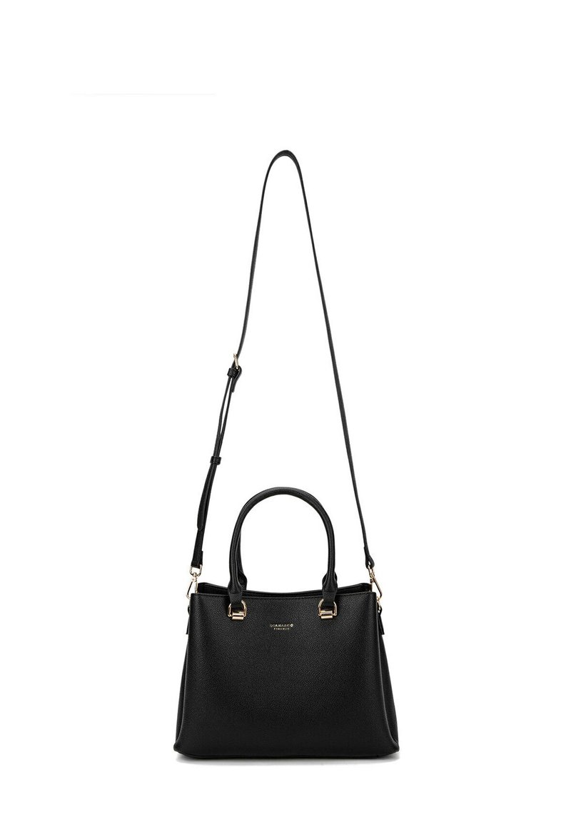 Zwarte leren handtas met een gestructureerde vorm, dubbele handvatten aan de bovenkant en een afneembare schouderriem. Accenten van goudkleurig beslag.