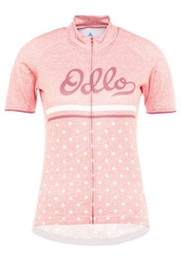Koszulka rowerowa z krótkim rękawem w jasnoróżowym kolorze, wykonana z fakturowanej tkaniny. Posiada białe kropki, pełny zamek oraz logo "Odlo" na klatce piersiowej.