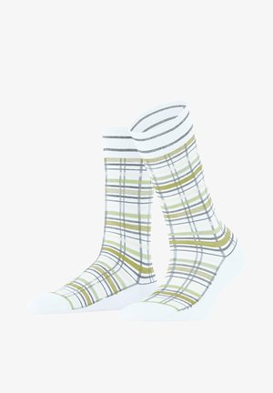 Białe skarpetki w kratkę w odcieniach szarości, żółci i zieleni. Posiadają ściągacz i gładką teksturę.