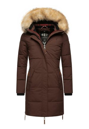 Brown padded coat with a faux fur-lined hood, front zippers, side pockets, and ribbed cuffs. Features a quilted texture and logo detail.