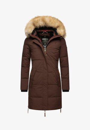 Brown padded coat with a faux fur-lined hood, front zippers, side pockets, and ribbed cuffs. Features a quilted texture and logo detail.