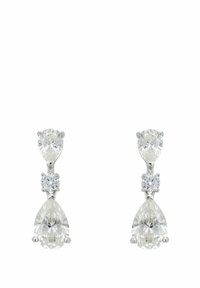 Clear crystal drop earrings with three stones: a teardrop shape below a round stone, set in silver-tone metal.