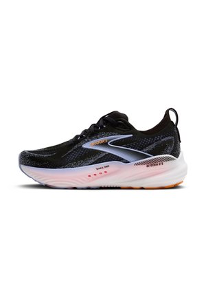 Chaussure de course Brooks noire et grise avec semelle blanche et rose, lacets et languette au talon.