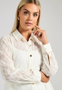 Blusa color crema con maniche trasparenti e testurizzate, colletto strutturato e dettagli in oro sui bottoni. Presenta un motivo geometrico in tutto il capo.