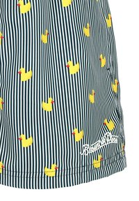 Swim shorts featuring a striped pattern in navy and light blue with yellow rubber duck motifs and white embroidered brand name at the hem.