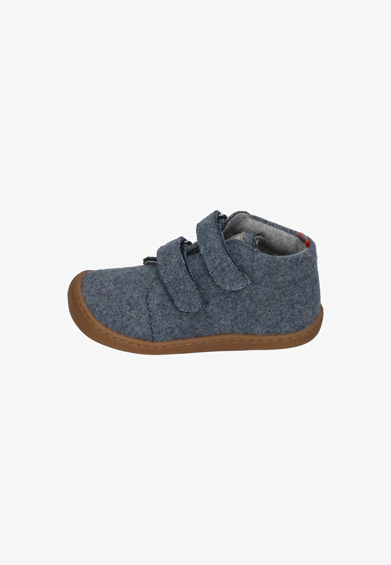 Blue felt shoe with a rounded toe, two Velcro straps, and a brown rubber sole. Features soft interior lining and stitched detailing.