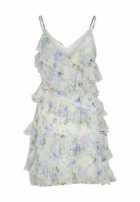 Robe d'été blanche à fleurs avec volants superposés et fines bretelles ajustables.