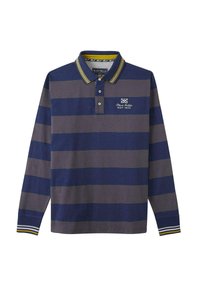 Polo à manches longues avec des rayures horizontales bleu marine et gris, un col avec des accents jaunes et noirs, et un petit logo brodé sur la poitrine.