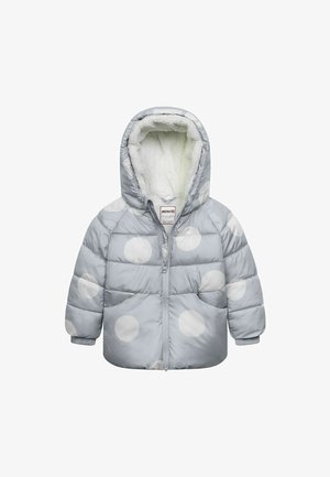 Hallikatega hall puhvipark, millel on valged täpid, kapuuts, ees asuv lukku ja pehme sisemine vooder. Omab soonilisi mansette ja tikandiga kujundust.