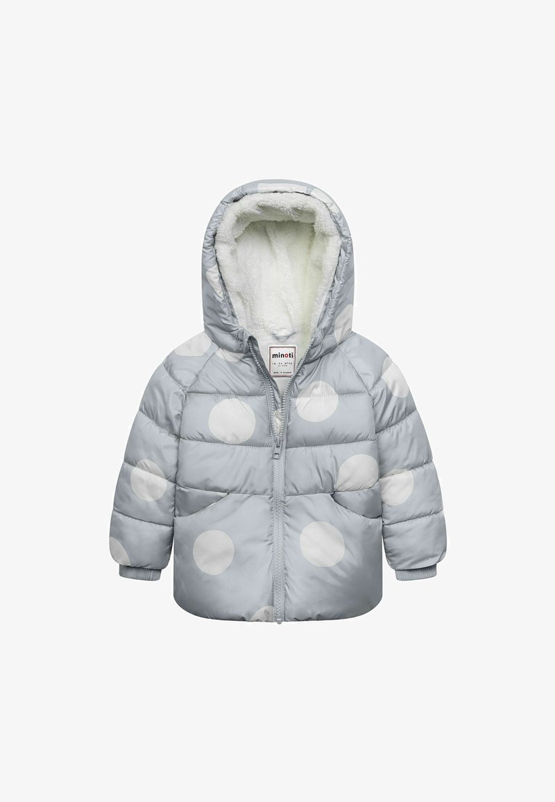 Pelēks uzpūsts mētelis ar baltām punktiņiem, ar kapuci, priekšējo rāvējslēdzēju un mīkstu oderi. Iezīmējas ar ribotām aprocēm un quilted dizainu.