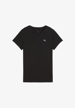 Czarny t-shirt z bawełny z krótkimi rękawami, okrągłym dekoltem i małą białą naszywką z logo Pumy po lewej stronie na piersi. Gładka tekstura, prosty krój.