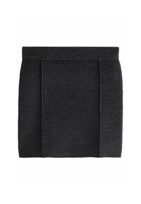 Tumši pelēka trikotāžas svārki ar gludu faktūru, augstu jostasvietu un divām vertikālām šuvēm priekšpusē papildus dizaina elementiem.