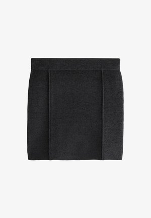 Mørkegrå strikket nederdel med en glat tekstur, høj talje og to lodrette sømdetaljer foran for ekstra design.