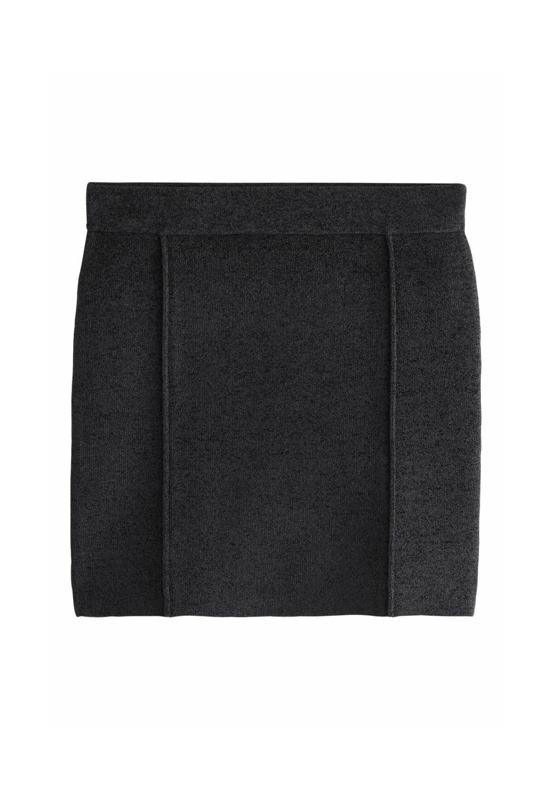 Tumši pelēka trikotāžas svārki ar gludu faktūru, augstu jostasvietu un divām vertikālām šuvēm priekšpusē papildus dizaina elementiem.