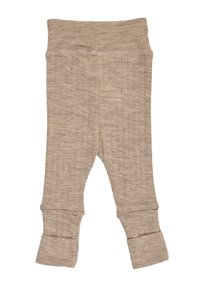 Jasnobrązowe prążkowane legginsy z elastycznym paskiem w talii i podwiniętymi mankietami, wykonane z miękkiej, teksturowanej tkaniny, z subtelnym wzorem.