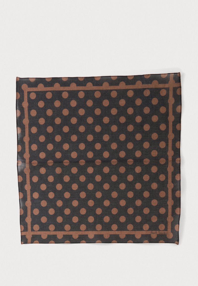 Foulard carré brun foncé avec des pois marron clair uniformément espacés et une bordure marron clair avec des bords festonnés.