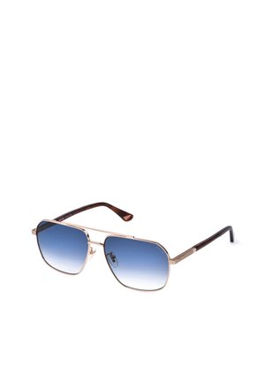 Lunettes de soleil rectangulaires avec fines montures métalliques dorées, branches marron et verres dégradés bleus sur fond blanc.