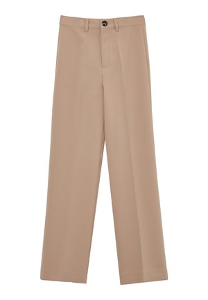 Pantaloni beige a gamba larga realizzati in tessuto morbido, con chiusura a pulsante, davanti piatto e pieghe definite lungo le gambe.