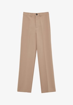 Pantaloni beige a gamba larga realizzati in tessuto morbido, con chiusura a pulsante, davanti piatto e pieghe definite lungo le gambe.