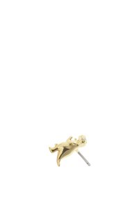 Pin de color dorado con forma de un personaje juguetón, presentando una superficie brillante y una pequeña gema clara distintiva incrustada en el diseño.