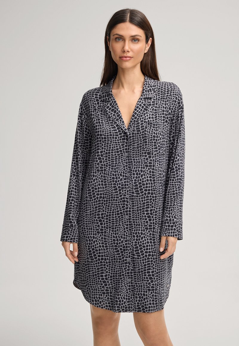 Schwarzes und graues Hemdkleid mit einem strukturierten Reptilmuster, langen Ärmeln und einer lockeren Passform, aus leichtem Stoff gefertigt.