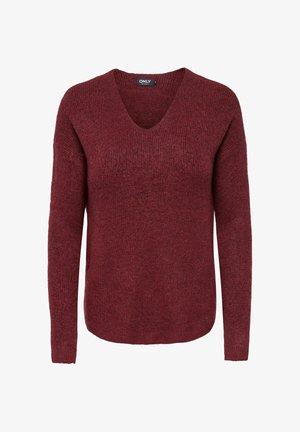 Maglione bordeaux lavorato a maglia con scollo a V, maniche lunghe e vestibilità comoda. Tessuto strutturato con un aspetto morbido e accogliente.