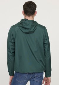 Grüne Kapuzenjacke aus einem glatten, leichten Stoff. Verfügt über elastische Bündchen und einen lockeren Schnitt. Die Rückansicht zeigt ein einfaches Design ohne Muster.
