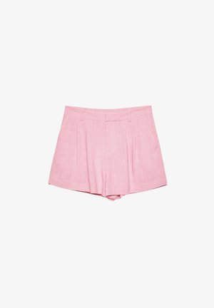 Pink linen shorts with a pleated design, waistband, and side pockets. The fabric has a slightly textured appearance.