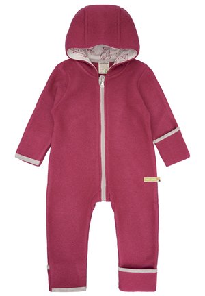 Fleece romper in dieproze met een volledige rits, grijze accenten op de manchetten en een capuchon. Het interieur heeft een speels uilenpatroon.