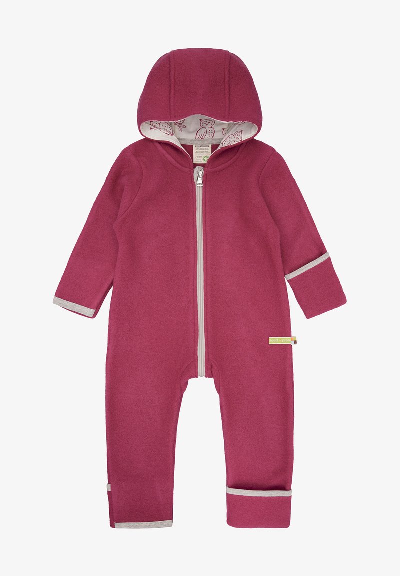 Fleece romper in dieproze met een volledige rits, grijze accenten op de manchetten en een capuchon. Het interieur heeft een speels uilenpatroon.