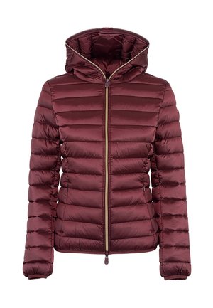 Giacca a vento bordeaux con zip frontale, cappuccio e design a trapunta orizzontale. Il materiale è liscio e lucido, con polsini elasticizzati.