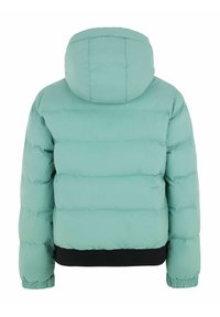 Hellblaues Daunenjacke mit Kapuze, gestepptem Design, geripptem schwarzen Saum und elastischen Bündchen. Glatte Textur mit einem kompakten Schnitt.